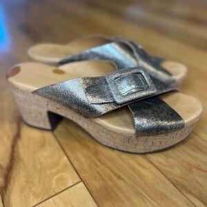 Chocolat Blu Y2K Metallic Pewter Cork Wedge Sandals Chunky Buckle Platform Slide